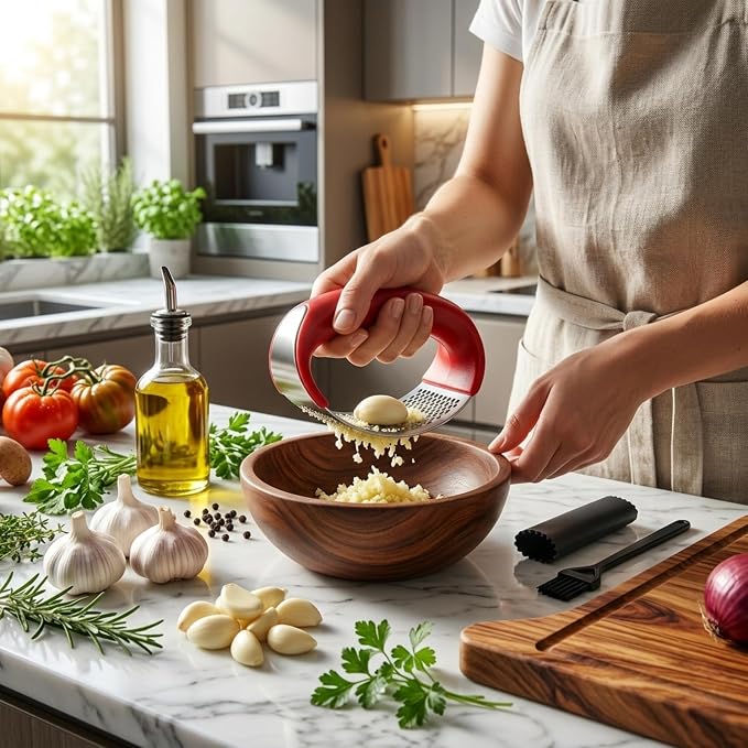 Angel's Peel Lounge Stainless Steel Garlic Press Rocker Set with Silicone Garlic Peeler & Cleaning Brush – Garlic Chopper, Mincer, Grater, Crusher – Easy for Crushed Cloves – Rust-Resistant, Red