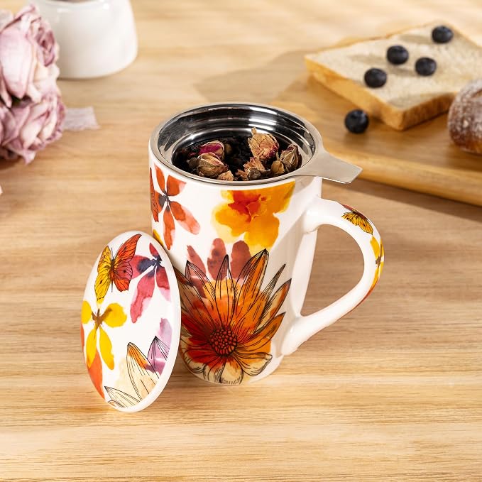 GBhome Tea Mug with Infuser and Lid,18 Ounce Ceramic Loose Leaf Cup Steeper | Lead-Free Glaze For Tea Lovers,Microwave & Dishwasher Safe with Tea Strainer