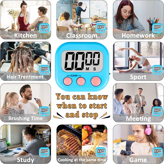 ZILLEEN Digital Kitchen Classroom Timers for Kids Cooking 6pcs MulticolorB | Strong Magnetic, Large Screen, Big Button, Kitchen Timers for Cooking Teacher Study, Blue Green Pink Purple Yellow Orange