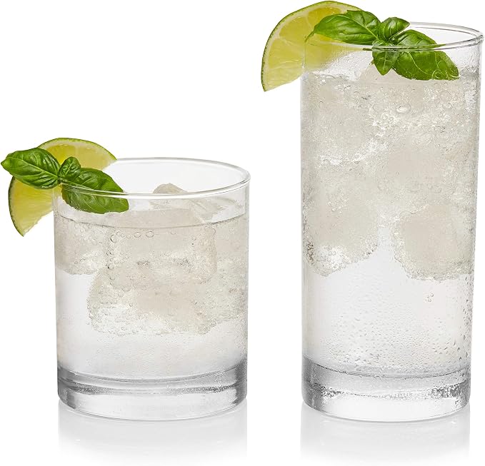 Province Tumbler & Rocks Drinking Glasses Set of 16, Tall Glass Cups | 15.2 oz and 11.1 oz Capacities for Water, Juice, Cocktails, and More with Lightweight Design and Dishwasher-Safe Cleanup
