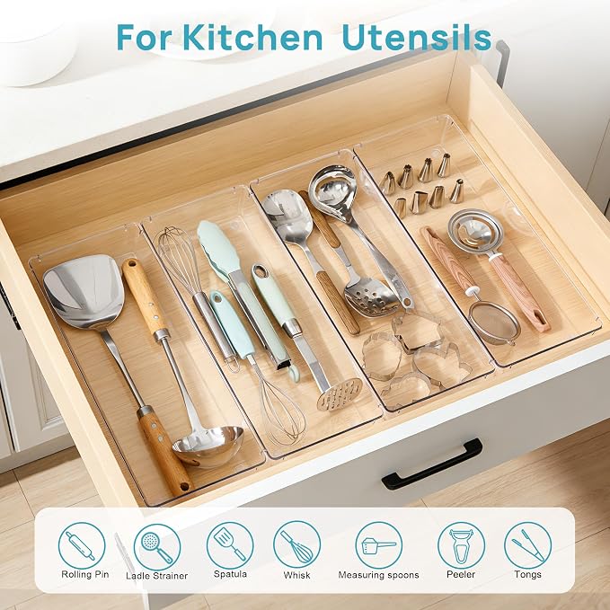 Vtopmart 4 Pack Clear Kitchen Drawer Organizer, 15x6 Inch Utensil Tray | Silverware Organizer Trays for Flatware, Cutlery and Kitchen Utensils, Large Clear Bins Create a Neat and Organized Drawer
