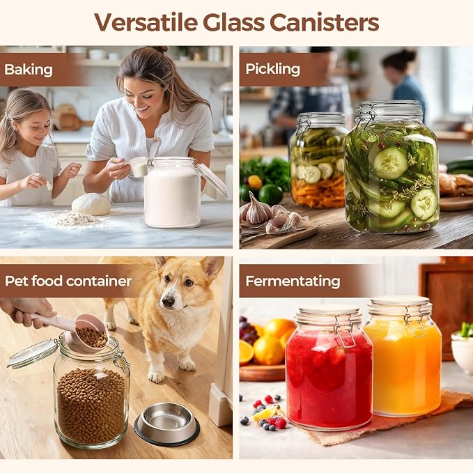 ComSaf Glass Pantry Jars with Airtight Lids 0.7 Gallon 2 Pack Wide Mouth | Flour sugar rice, Sourdough pickling, Pantry organization, Scoop included, Baking supplies, Bulk food storage, Large capacity