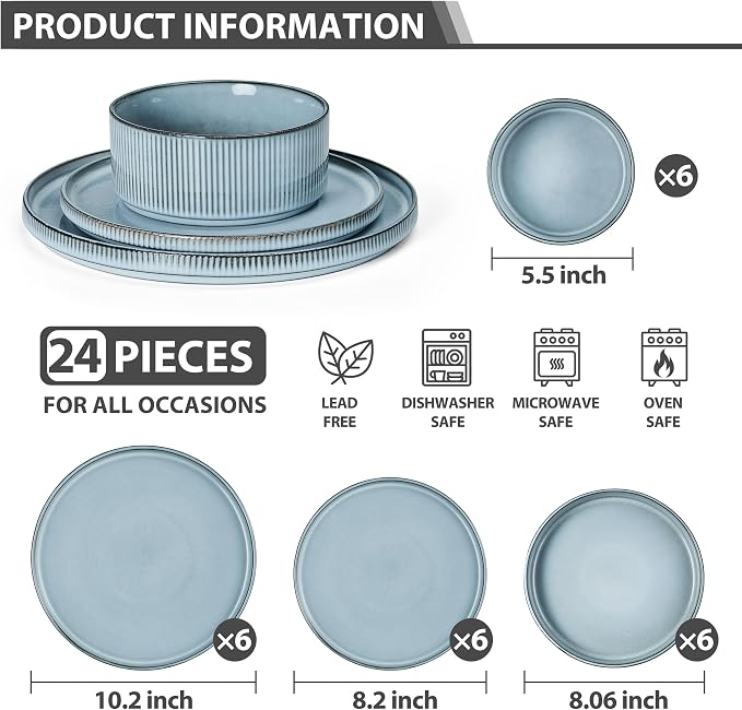 LIANYU Dinnerware Plates and Bowls Dishes Set, 24 Piece Elegant Stoneware Sets with Pasta Bowls for 6, Modern Ribbed Ceramic Dining Ware Dishware for Restaurant Wedding, Dishwasher Safe, Slate Blue