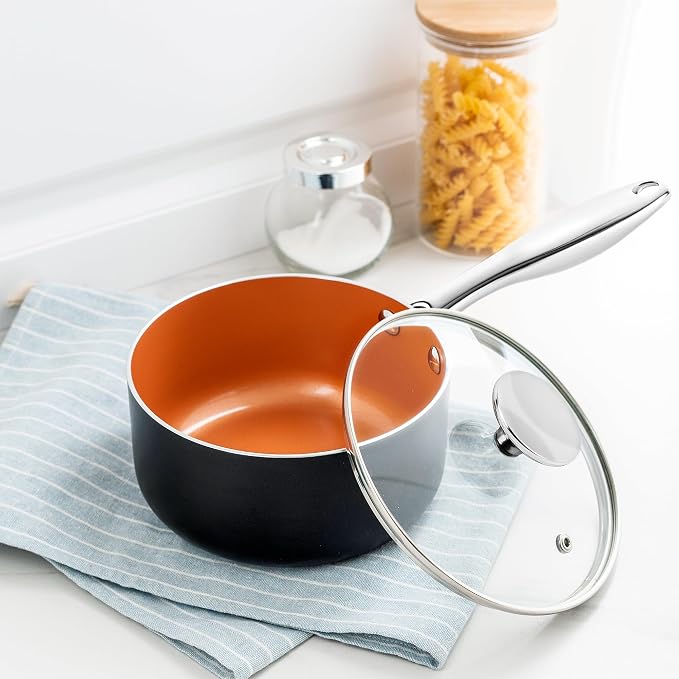 MICHELANGELO 4 Quart Saucepan with Lid - Ultra Nonstick Sauce Pan with Ceramic Coating, 4 Qt Non Stick Pot Induction Compatible, Copper