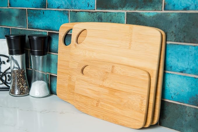 Lipper International 839 Bamboo Wood Thin Cutting Board with Oval Hole in Corner, Assorted Sizes, Set of 3