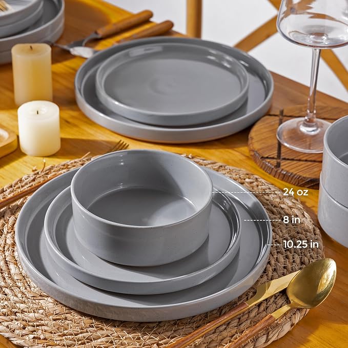 AmorArc Stoneware Dinnerware Sets for 8,24Pcs Plates and Bowls Set | Handmade Ceramic Dish Set,Dishwasher & Microwave Safe,Scratch Resistant-Gray