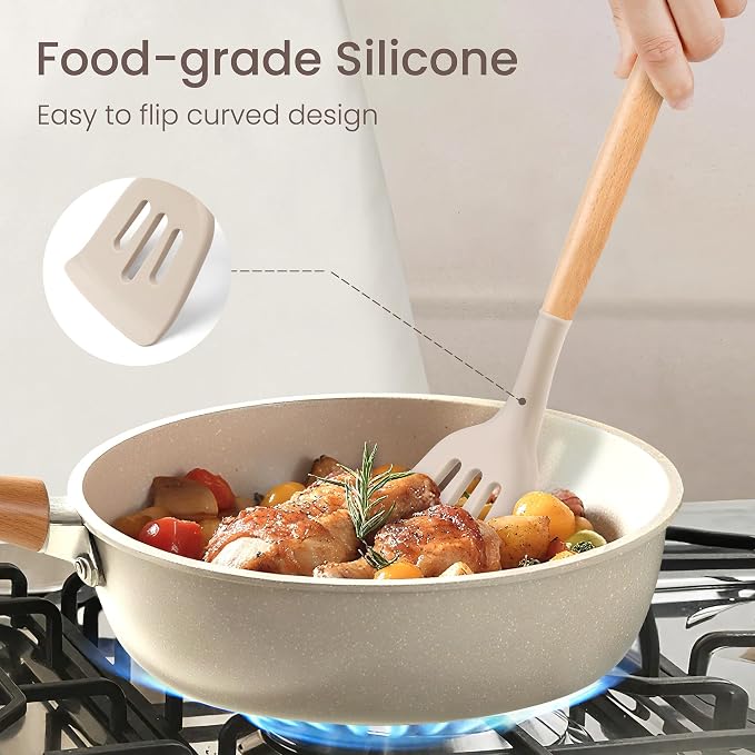 NCUE 6-Pcs Silicone Kitchen Utensils Set Wood Handle BPA-Free Food Grade (Khaki, 26 Piece)