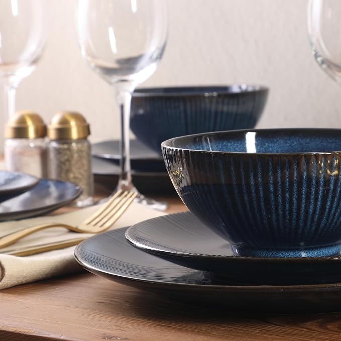 Gibson Elite Midnight Lune Plates and Bowls Sets, 12-Piece Stoneware Dinnerware Sets, Reactive Glaze Dish Set - Blue