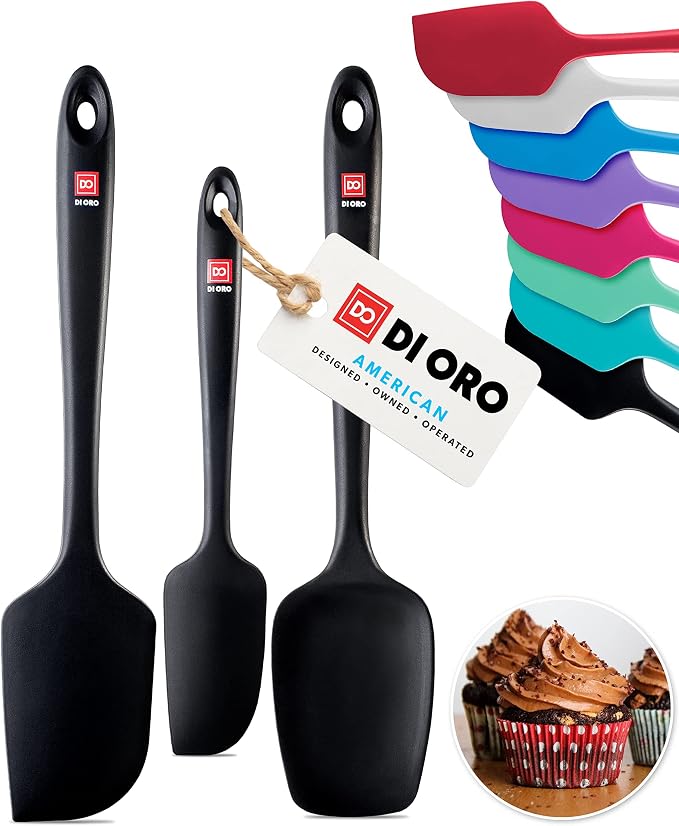 DI ORO Silicone Spatula Set - 600F Heat Resistant, 3-Pc Black | Rubber scraper won't scratch nonstick pans; For baking, cooking, mixing, and frosting; BPA-free and dishwasher safe