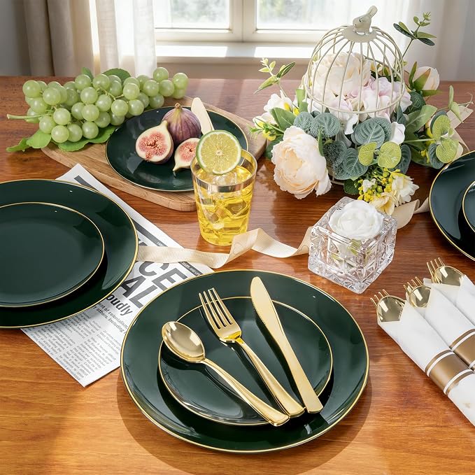 KIRE 350PCS Green and Gold Plates - Plastic Dinnerware Set for Christmas | 50Guests Include 100PC Green Plastic Disposable - 50PCSPre Rolled Napkins with Silverware &50PCS Cups for Wedding/Holiday