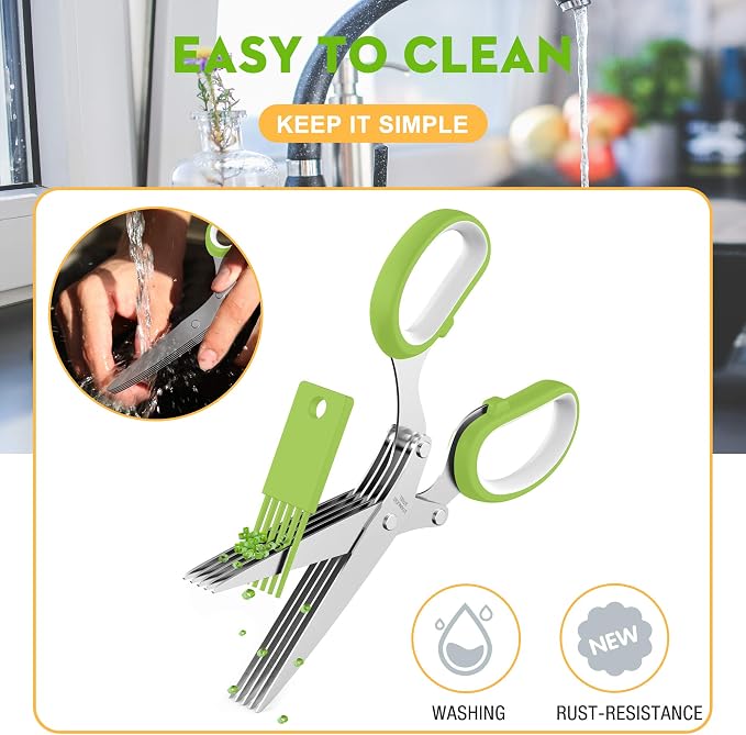 Herb Scissors with 5 Blades and Cover, Kitchen Herb Cutter with Cleaning Comb, Stainless Steel Multi Blade Herb Shears for Basil Parsley Cilantro, Easy Clean Cooking Tool, Unique Kitchen Gadgets Gift