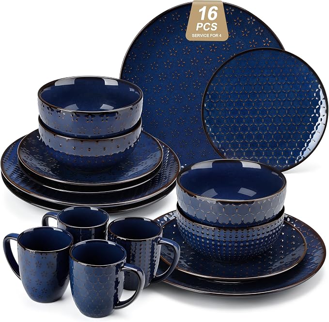 MALACASA 16 Pieces Dinnerware Sets, Farmhouse Plates and Bowls Sets, Embossed Blue Dish Set for 4, Vintage Relief Ceramic Dish Set with Mugs, Microwave and Dishwasher Safe, Series LYDIA