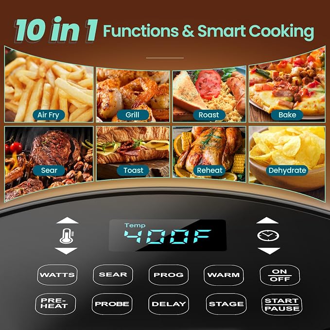Nuwave Brio 10-in-1 Air Fryer, 6 QT Capacity with Smart Probe | Roast Grill Bake for Fast Meals, One-Touch Digital Controls, Powerful 1800W Fryer, 100 Recipes, Removable Divider, Grill Pan