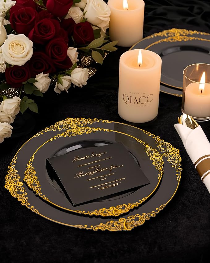 Nervure 175Pcs Black Plastic Plates, Disposable Party Plates for 25 Guests | 25 7.5" Dessert & 25 10.25" Dinner Plastic Plates, 75 Gold Cutlery, 25 9oz Cups, 25 Napkin for Wedding, Party & Retirement