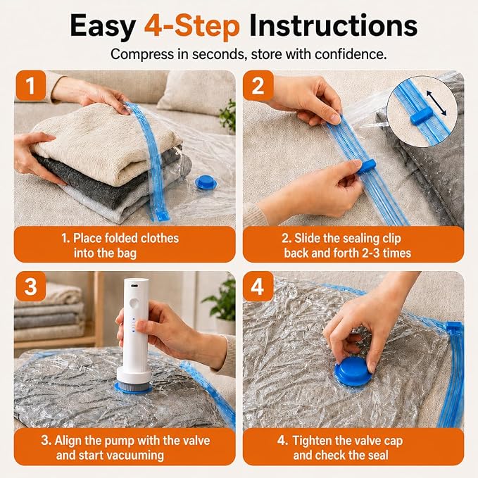 12 Pack Vacuum Bags for Travel with Rechargeable Pump, Save Luggage Space | Transparent Bag Design for Easy Clothing Organization, 1500mAh USB-C Wireless Pump, Ideal for Suitcases, Backpacks, Wardrobes