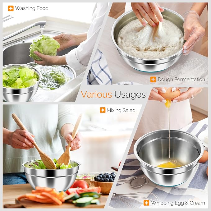 HaWare Mixing Bowls, 24-Piece Stainless Steel Salad Serving Bowl with Airtight Clear Lids, Metal Nesting Bowl For Kitchen Cooking Prepping Storing with 3 Graters, 4.6/2.6/1.5/1/0.7 QT, Teal Blue