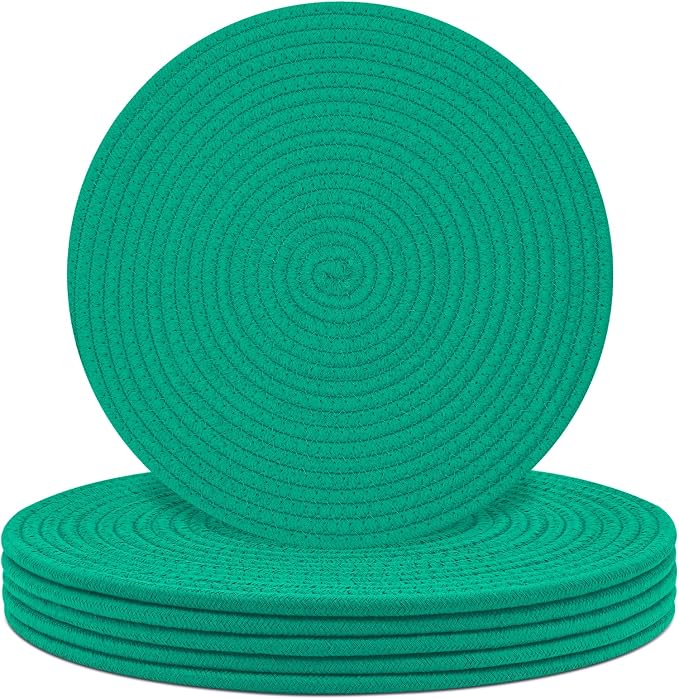 Round Placemats Set of 6, Cotton Rope Woven Table Mats, Hot Pads for Kitchen, Non Slip Heat Resistant Place Mats, 13 Inches Braided Placemat for Farmhouse Decor and Kitchen Table Decor (Turquoise)