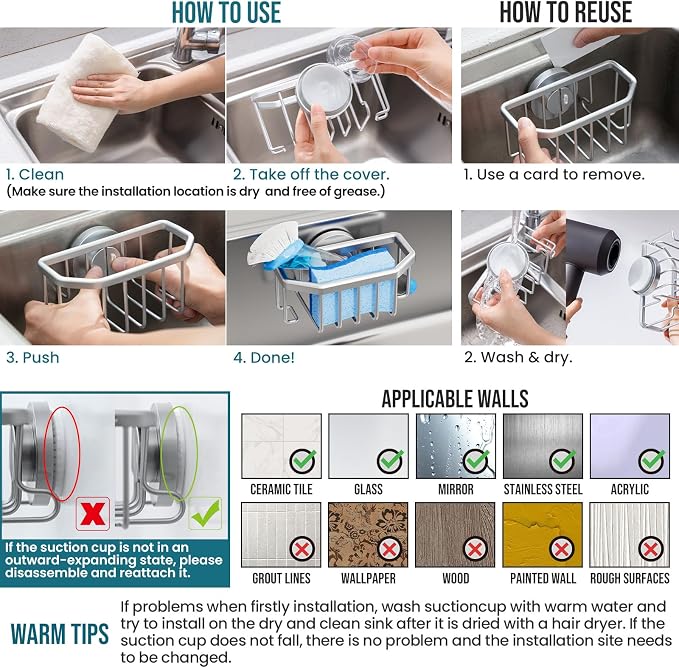 TAILI Sink Caddy with Strong Suction Cup, Sponge Holder for Sink-Silver | for Kitchen Sink Organizer, Removable Sponge Caddy Inside Sink, Rustproof Aluminum Holder for Sponges, Brushes, Scrubber