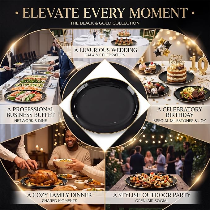 6PACK Black Oval Plastic Plates - 10"x12" Black and Gold Disposable Platters - Heavy Duty Serving Trays for Party/Birthdays/Catering/Weddings/BBQ