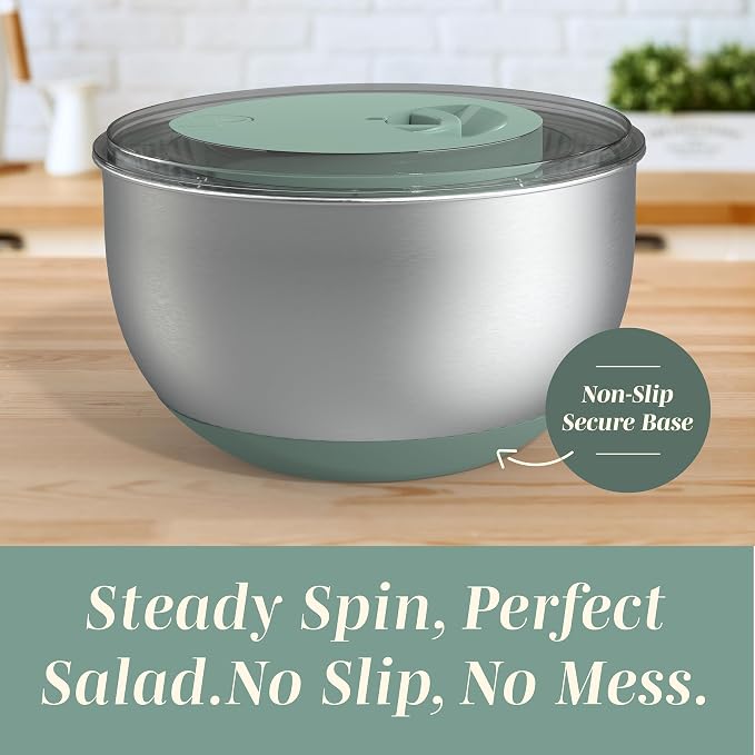 COOK WITH COLOR Stainless Steel Salad Spinner - 5 Qt. Lettuce Washer And Vegetable Spinner Dryer for Easy Salad Prep - Non Slip Base with Pull Handle - Auto Stop Brake System, Stain and Odor Resistant