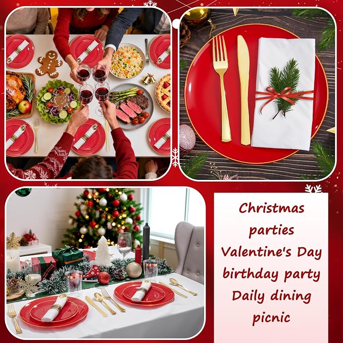KIRE 350 PCS Red and Gold Plastic Plates - Plastic Dinnerware for Christmas | Include 100PCS Red Disposable Plates, 50PCSPre Rolled Napkins with Silverware&50PCS Cups for Party