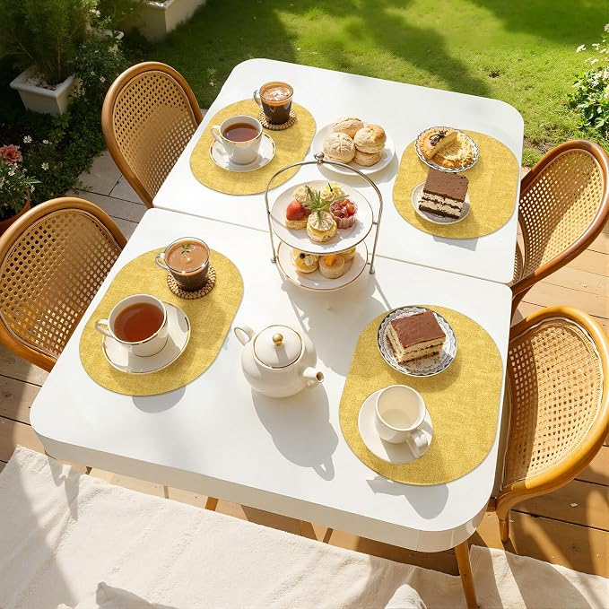 Placemats Set of 4, 11.8 x 17 Inch, Yellow | Heat Resistant Oval Faux Leather Place Mats, Waterproof Wipeable Reversible PU Placemat, Indoor & Outdoor