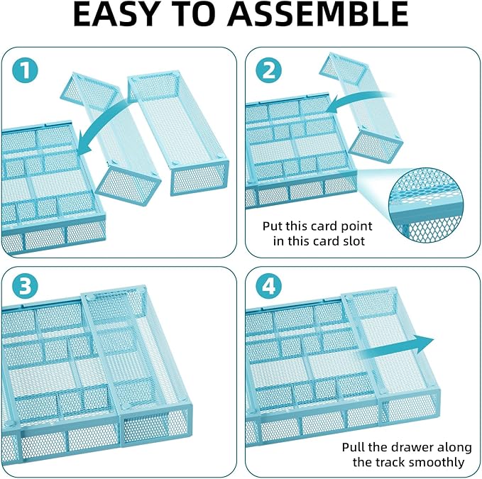 Marbrasse Expandable Desk Drawer Organizer, Mesh Drawer Organizer Tray with 10 Adjustable Compartments, Desk Organizers and Accessories for Office Supplies, Makeup & Vanity (Expandable-Blue)