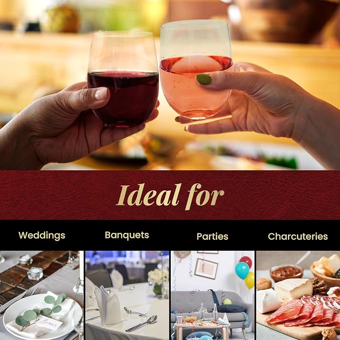 Reli. Disposable Wine Glasses (48 Pack, 12oz) | Clear | Stemless, Shatterproof | Plastic Stemless Wine Glasses Disposable | Parties, Cocktails, Whiskey, Weddings