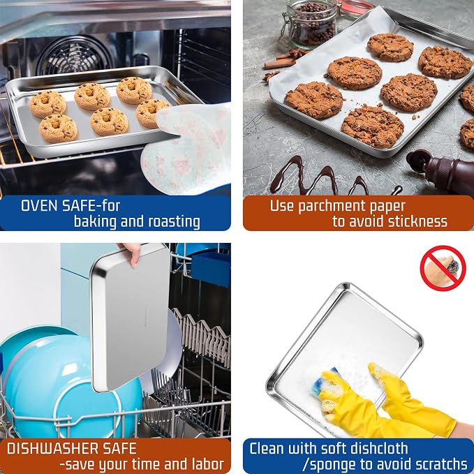 P&P CHEF Baking Sheet Pan, Stainless Steel Cookie Sheet, 10.5 Inch & 4 Pcs | Oven Tray Sheet Pan for Baking & Serving, Baking Tray for Multi Uses, Heavy Duty & Non-toxic, Rust Free & Dishwasher Safe