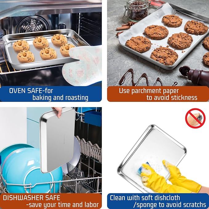 P&P CHEF Baking Sheet Pan, Stainless Steel Cookie Sheet, 9 Inch & 4 Pcs | Oven Tray Sheet Pan for Baking & Serving, Baking Tray for Multi Uses, Heavy Duty & Non-toxic, Rust Free & Dishwasher Safe