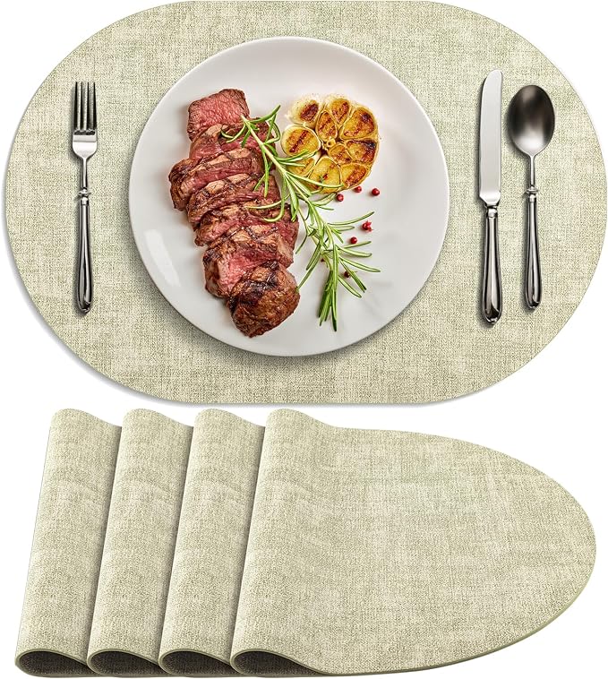Placemats Set of 4-17" x 11.8" Waterproof & Heat Resistant Oval Place Mats, Wipeable Washable Double Layer Faux Leather Table Mats, Sage Green