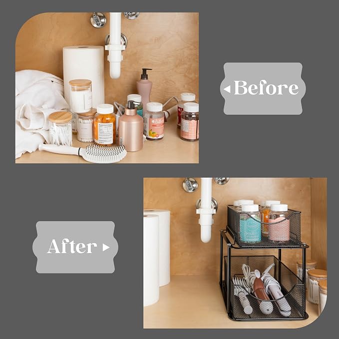 Sorbus 2 Tier Metal Under Sink Organizer for Bathroom, Kitchen, Strong Steel Mesh Sliding Drawers for Under Sink, Under Cabinet, Closet, Kitchen, Pantry, Bathroom Organizers and Storage (Black)