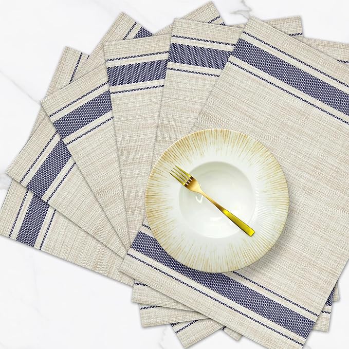 Khaki Blue Placemats Set of 6, 12x18 Inch Faux Linen Table Mats | Heat Resistant and Washable Design, Easy to Clean Surface for Dining Rooms, Kitchens, Outdoor Parties and Everyday Home Decor