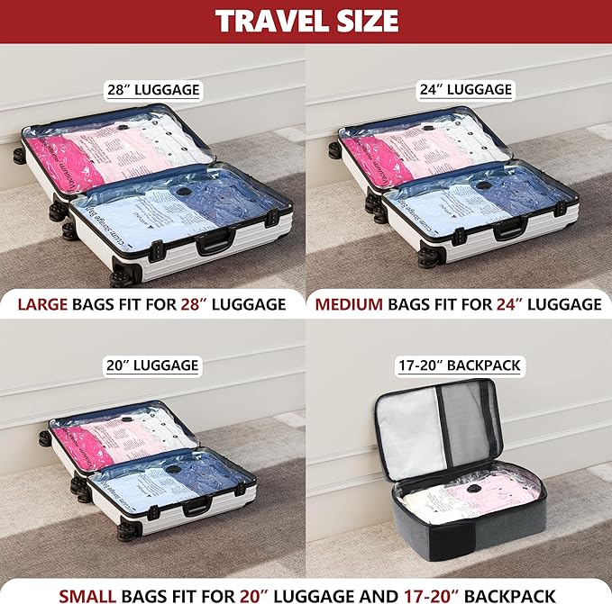 Vacuum Seal Bags for Clothing Travel and Home Storage, Travel Vacuum Bags with Electric Pump, Space Saver Compression Packing Cubes for Luggage Suitcase Bedding Blankets Clothes, 14 Combo