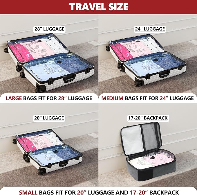 Vacuum Seal Bags for Clothing Travel and Home Storage, Travel Vacuum Bags with Electric Pump, Space Saver Compression Packing Cubes for Luggage Suitcase Bedding Blankets Clothes, 18 Combo