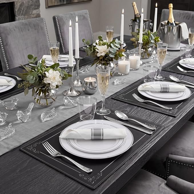 350Piece Silver Plastic Dinnerware Set for 50 Guests - Silver Plastic Plates with Cutlery Include:50Dinner Plates-50Dessert Plates-50Pre Rolled Napkins with Silverware Party Wedding