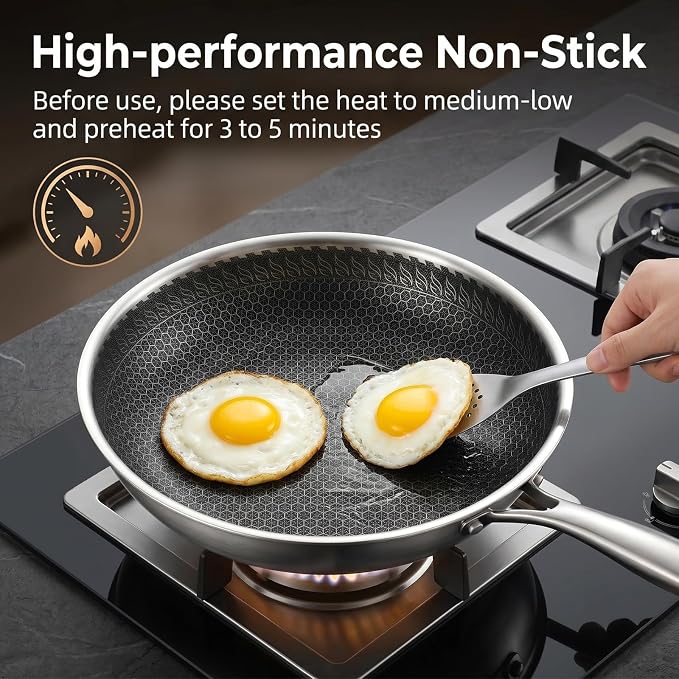 GPY 12 Inch Non Stick Frying Pan with Lid, 316L Stainless Steel Frying Pan | Skillet with Honeycomb Surface Compatible with All Cooktops, Dishwasher Safe & Oven Safe PTFE & PFOA FREE Kitchen Cookware