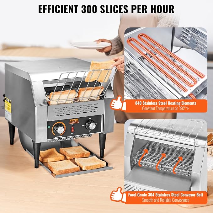VEVOR Commercial Conveyor Toaster, 300 Slices/Hour Conveyor Belt Toaster, Heavy Duty Stainless Steel Commercial Toaster Oven for Toast Bun, Bagel, Bread