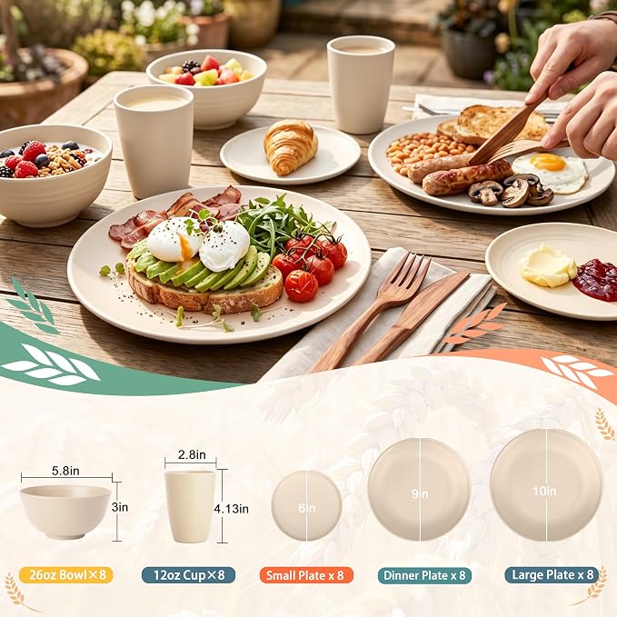 PYRMONT 40 PCS Dishes Set Wheat Straw Plates and Bowls Set Service for 8 Unbreakable & Lightweight Dinnerware Set Microwave & Dishwasher Safe for Apartment,Camping,Kitchen-Beige