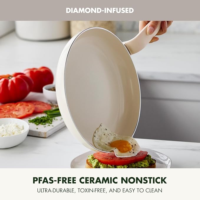GreenPan Rio Advanced 12" Frying Pan Skillet, Ceramic Nonstick PFAS-Free, Induction Ready, Dishwasher and Oven Safe, Cream White