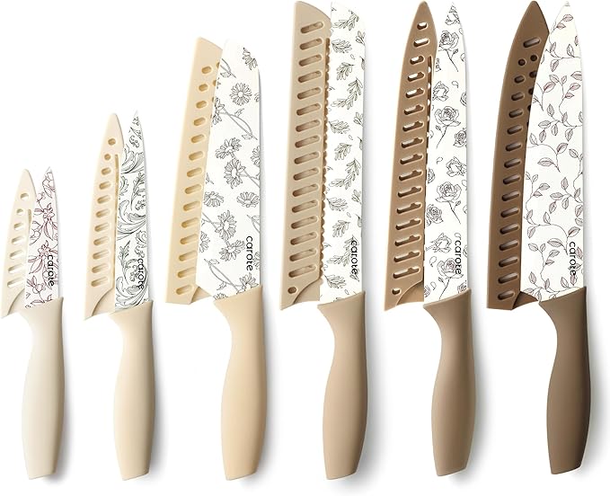 CAROTE Kitchen Knife Set, 6 Floral Knives with 6 Blade Guards, 12-Piece | Stainless Steel Blades, Ceramic Nonstick Coating, Long-Lasting Sharpness, Rust-Resistant, Non-Slip, Dishwasher Safe