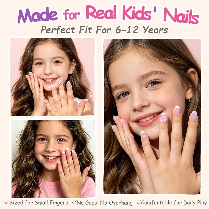 72pcs Press on Nails for Kids, French Tip Nails with Pearls, Bows, Flowers | Kids Press on Nails for 8-12, 12 Size, Non-Toxic, Fashion Nail Kit with Adhesive Tabs, Nail File, for Christmas, Birthday