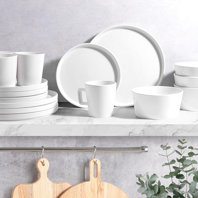 Zulay Kitchen Terra Plates and Bowls Sets, 16 Piece Modern Stoneware Dish Set for 4, Chip and Scratch Resistant Ceramic Dinnerware Set, Microwave and Dishwasher Safe, White