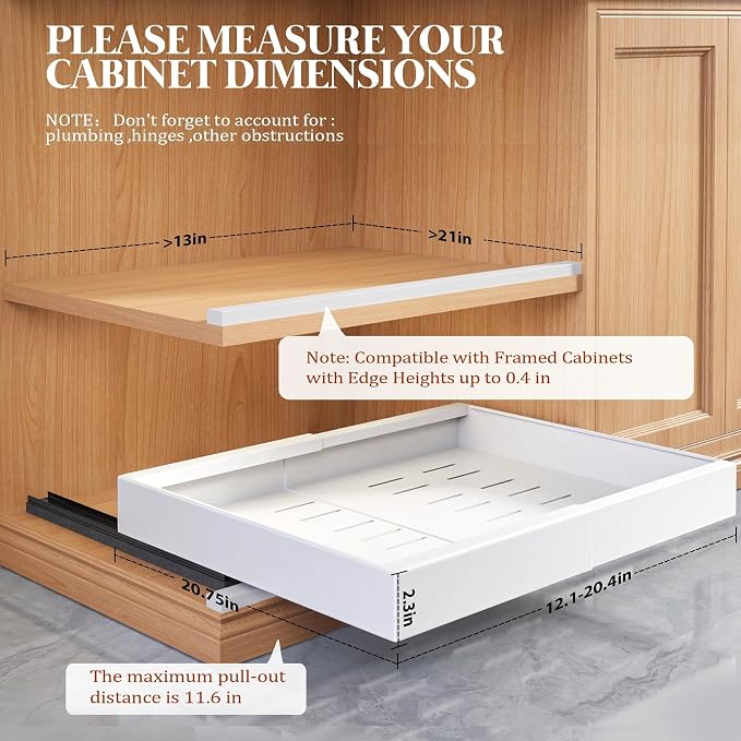 Seinloes 4 Pack Expandable Pull Out Cabinet Organizer 21"Deep With Raising Pad for Framed Cabinets,Upgrade 3 Slide Rails Slide Out Drawers,No Drill Roll Out Shelves,Adjustable Width 12.1"-20.4" White