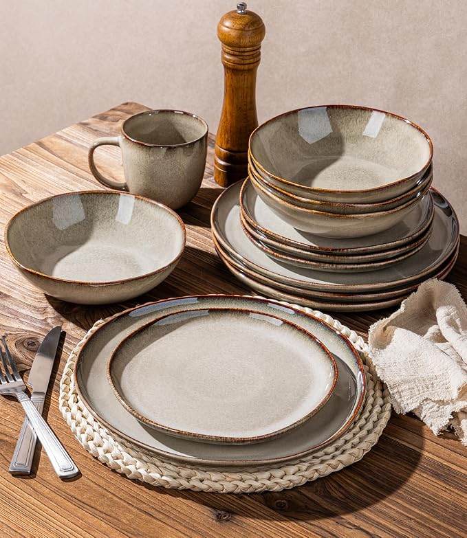 GBHOME Stoneware Dinnerware Sets for 4,12 Piece Rustic Plates and Bowls Set | Earthenware Handmade Reactive Glaze Plate Sets, Chip Resistant Ceramic Dishes, Microwave & Dishwasher Safe, Driftwood Taupe
