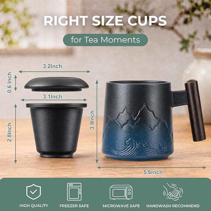 Tea Cup with Infuser and Lid, 14oz Ceramic Loose Leaf Tea Steeper Cup with Wood Handle and Cup Lid, Blue, Black | 14oz Ceramic Tea Mug with Lid, Loose Leaf Tea Steeper Cup with Wood Handle for Tea Lovers Gifts