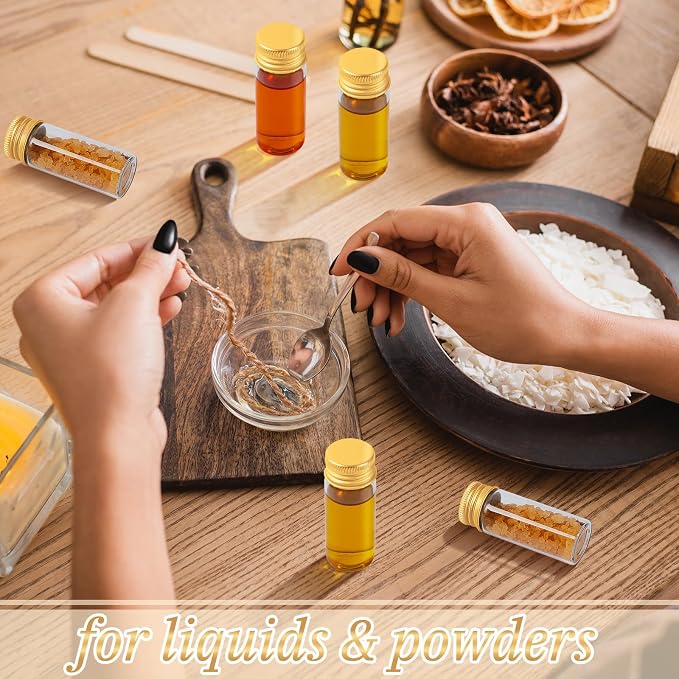 Didaey 200 Pcs Small Clear Vials Spice Mini Jars with Lids Mini Glass Bottles with Screw Aluminum Metal Caps Tiny Jars Sample Containers for Powder Cream Cosmetic Jewelry Wedding (10 ml,Gold Caps)