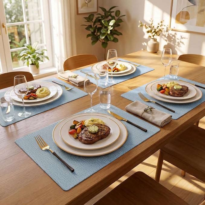 Romanstile Vinyl Placemats Set of 6-12 X 17 Inch - Faux Leather 100% Waterproof Wipeable Anti Slip Place Mats, Heat Resistant Reversible PU Table Mats for Kitchen Dining Party Outdoor, Sky Blue