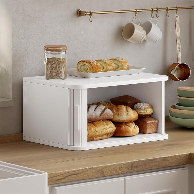 WOWLIVE Roll Top Bread Box for Kitchen Countertop, Bamboo Bread Storage | Airtight Bread Containers, Large Bread Bin with Sliding Door for Loaves, Bagels, Countertop Storage Cabinet, White, Medium