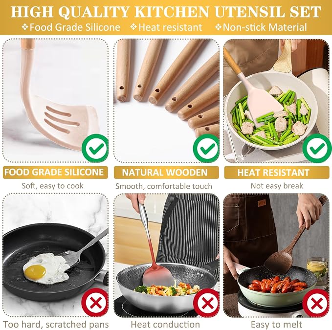 Silicone Cooking Utensils Set, 43Pcs Non-Stick Heat Resistant Kitchen Utensils Spatula Set with Wooden Handle for Baking, Cooking, and Mixing, Best Kitchen Gadgets Tools with Holder (Khaki)